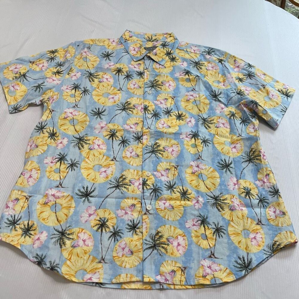 Berkley Jensen Hawaiian Pineapple Linen Short Sleeve Button Up Shirt Size XL